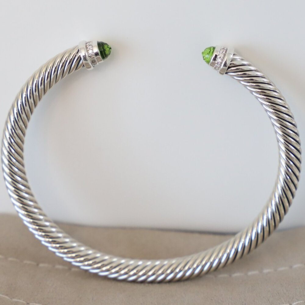 David Yurman Sterling Silver 5mm Cable Bracelet Peridot with Diamonds size Small